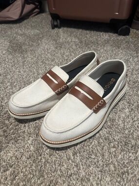 Cole Haan White Canvas Penny Loafers with Brown Strap